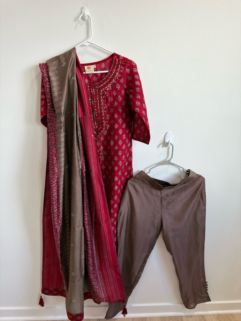 Red Embroidered Kurta Set with Brown Pants & Dupatta